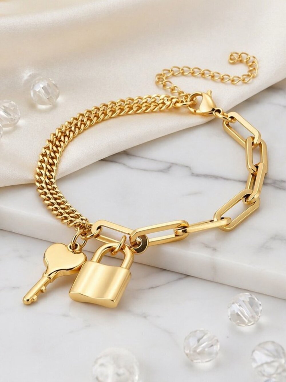 Coquette Y2K 18K Gold Padlock Heart Key Charm Layered Chain Bracelet Gift